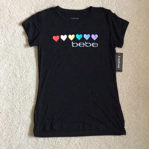 SOLD - Bebe Rainbow Hearts Logo Black Tee - NWT - Picture 11 of 11